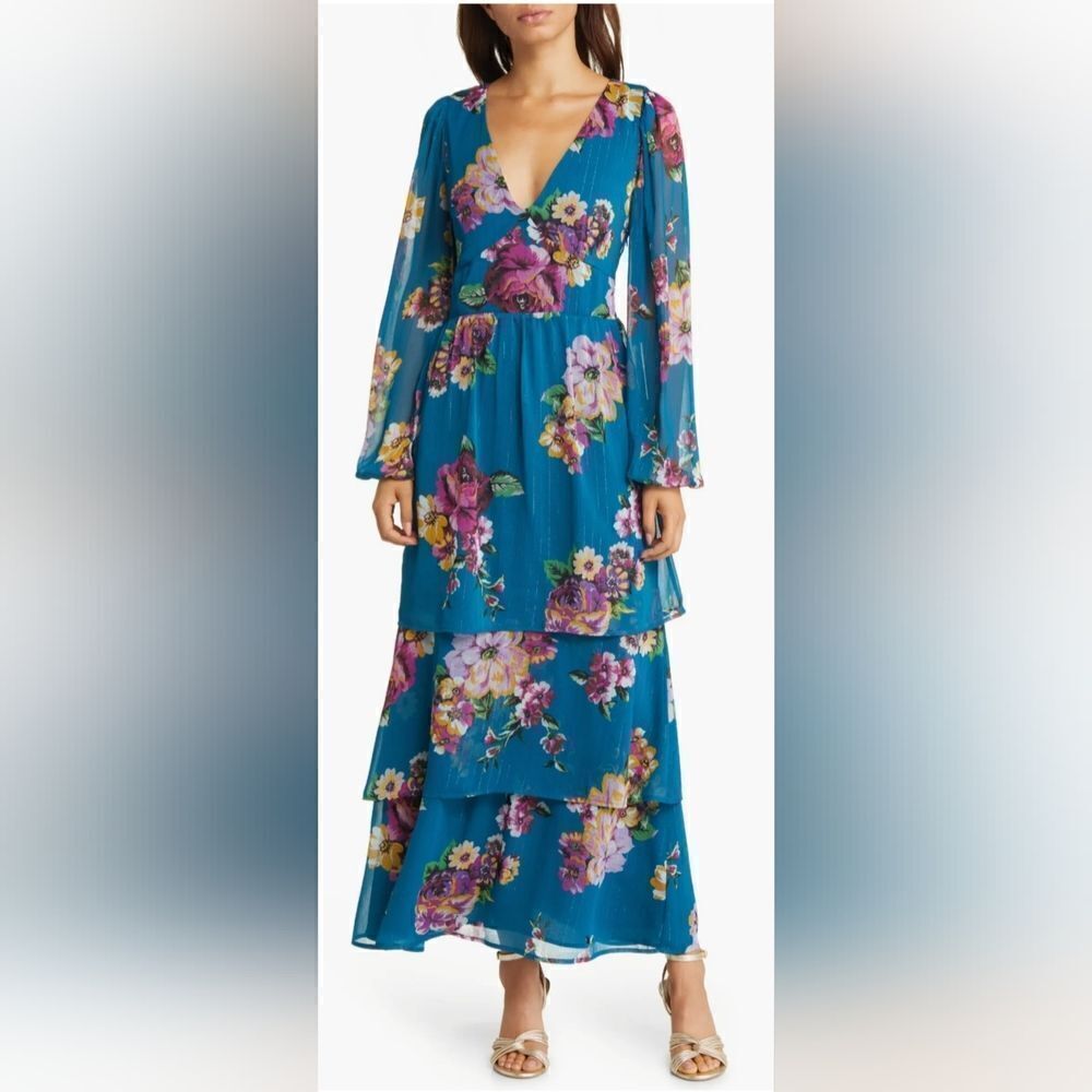 Fourteenth Place Balboa Tiered Floral Print Chiffon Maxi Dress NWOT Size small
